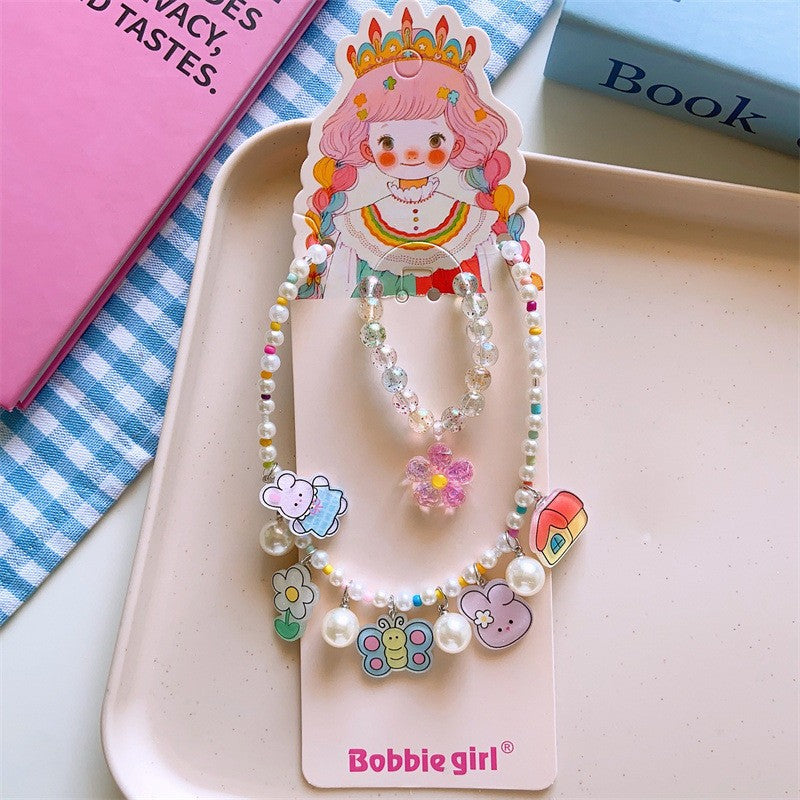 Korean Fashion Cute Cartoon Charm Bead Necklace Bracelet Ear Clip Set For Kids-CSW1002