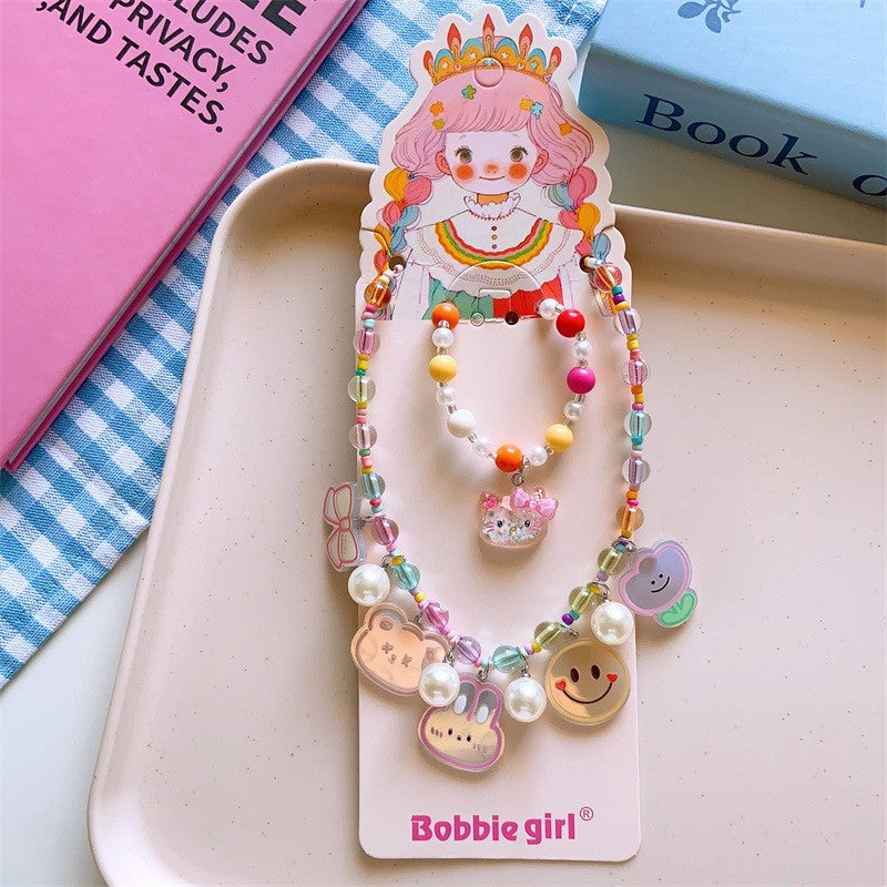 Korean Fashion Cute Cartoon Charm Bead Necklace Bracelet Ear Clip Set For Kids-CSW1002