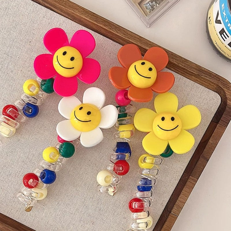 Sunflower Happy Face Spiral Hair Tie - Colorful Bead Accent Ponytail Holder-CSW1011