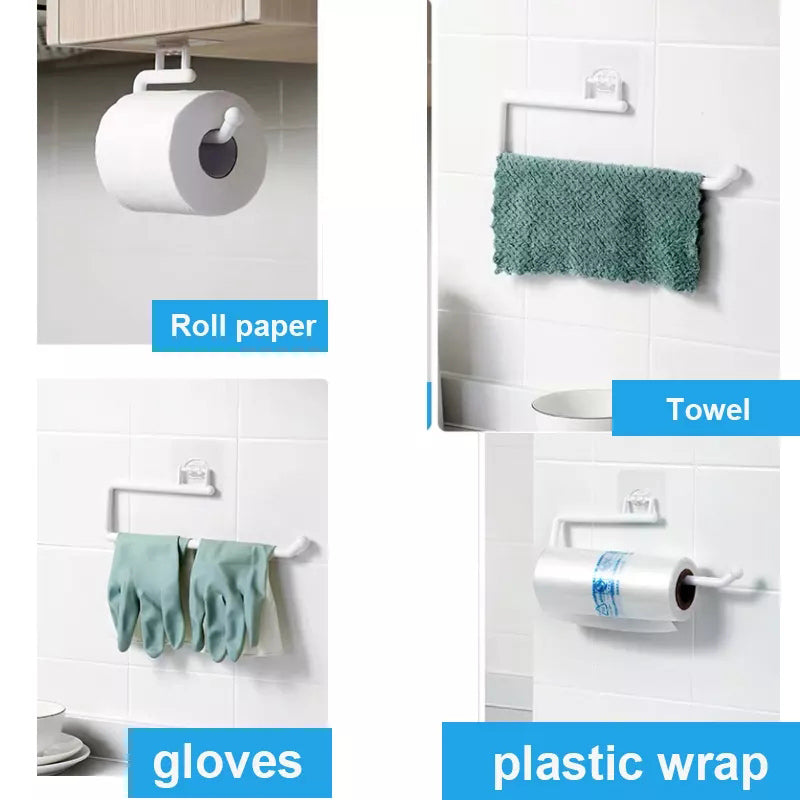 READY STOCK!!! Punch Free PP Kitchen Towel Hanger Rack Toilet Paper Roll Holder Cabinet Rag Hanging Holder 免打孔PP厨房毛巾挂架