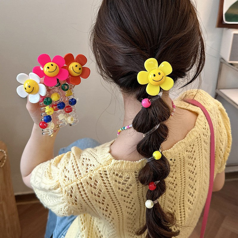 Sunflower Happy Face Spiral Hair Tie - Colorful Bead Accent Ponytail Holder-CSW1011