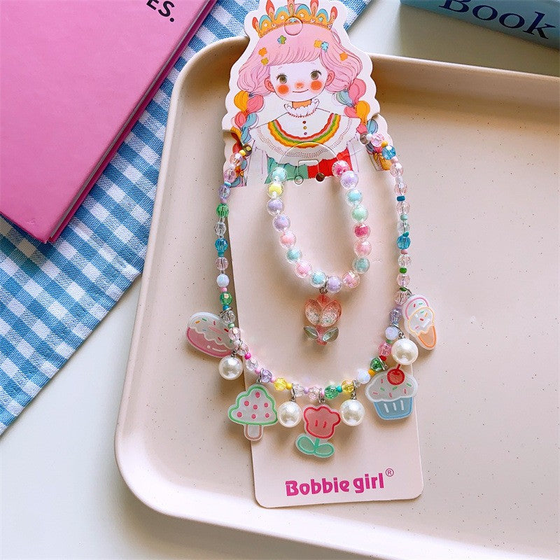Korean Fashion Cute Cartoon Charm Bead Necklace Bracelet Ear Clip Set For Kids-CSW1002
