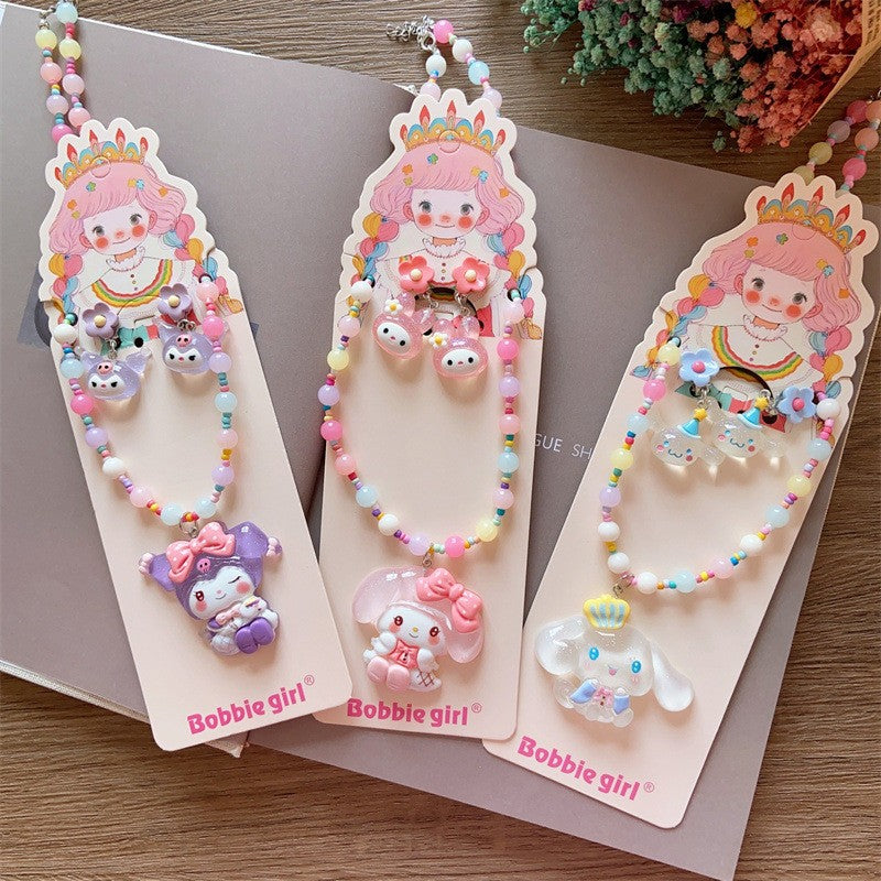 Korean Fashion Cute Cartoon Charm Bead Necklace Bracelet Ear Clip Set For Kids-CSW1002