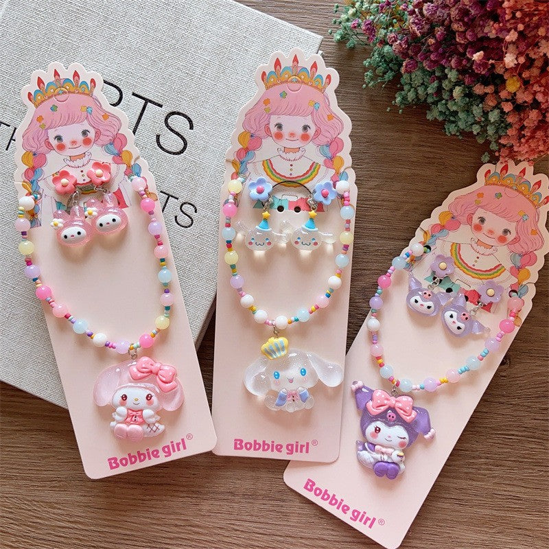 Korean Fashion Cute Cartoon Charm Bead Necklace Bracelet Ear Clip Set For Kids-CSW1002