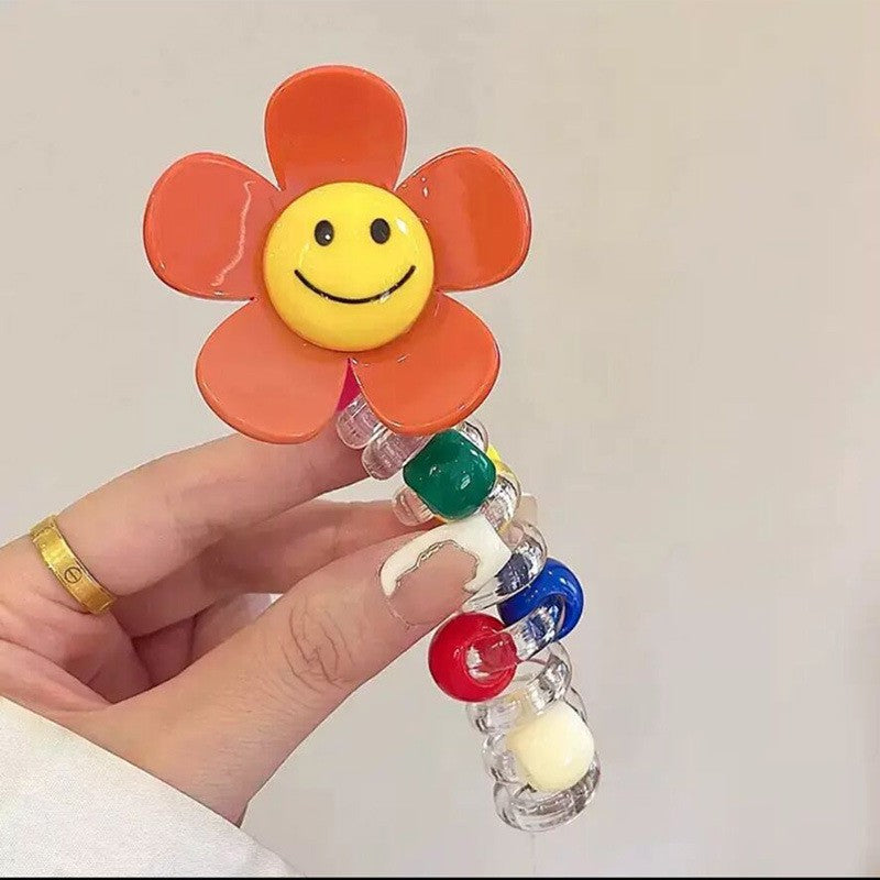 Sunflower Happy Face Spiral Hair Tie - Colorful Bead Accent Ponytail Holder-CSW1011