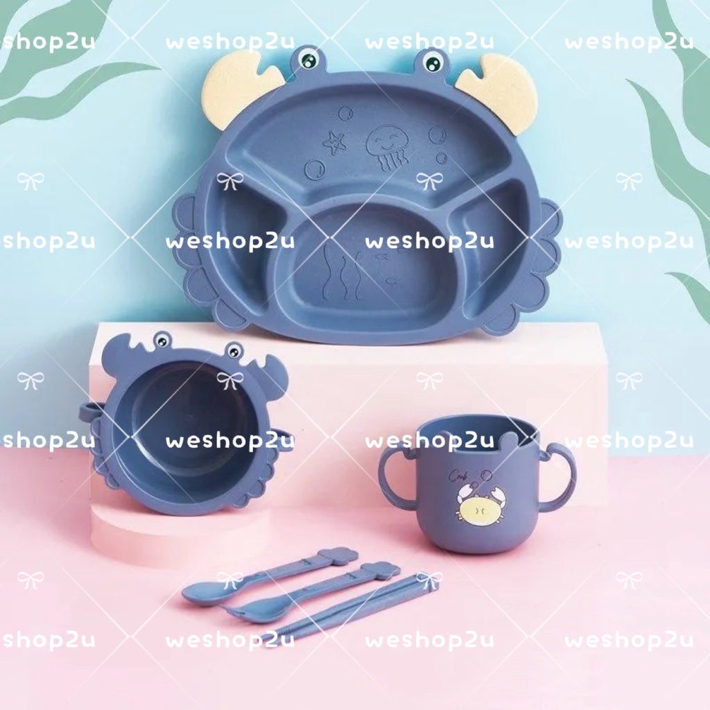READY STOCK!!!Household Wheat Fiber Baby Cutlery Set Crab Child Cute Cartoon Divided Grid Drop Resistant Plate Fork