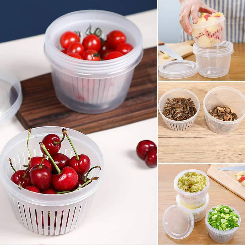 READY STOCK!!Double layer Airtight Food Box Spring Green Onion Ginger Garlic Storage Drain Sealed Fridge Fresh Container
