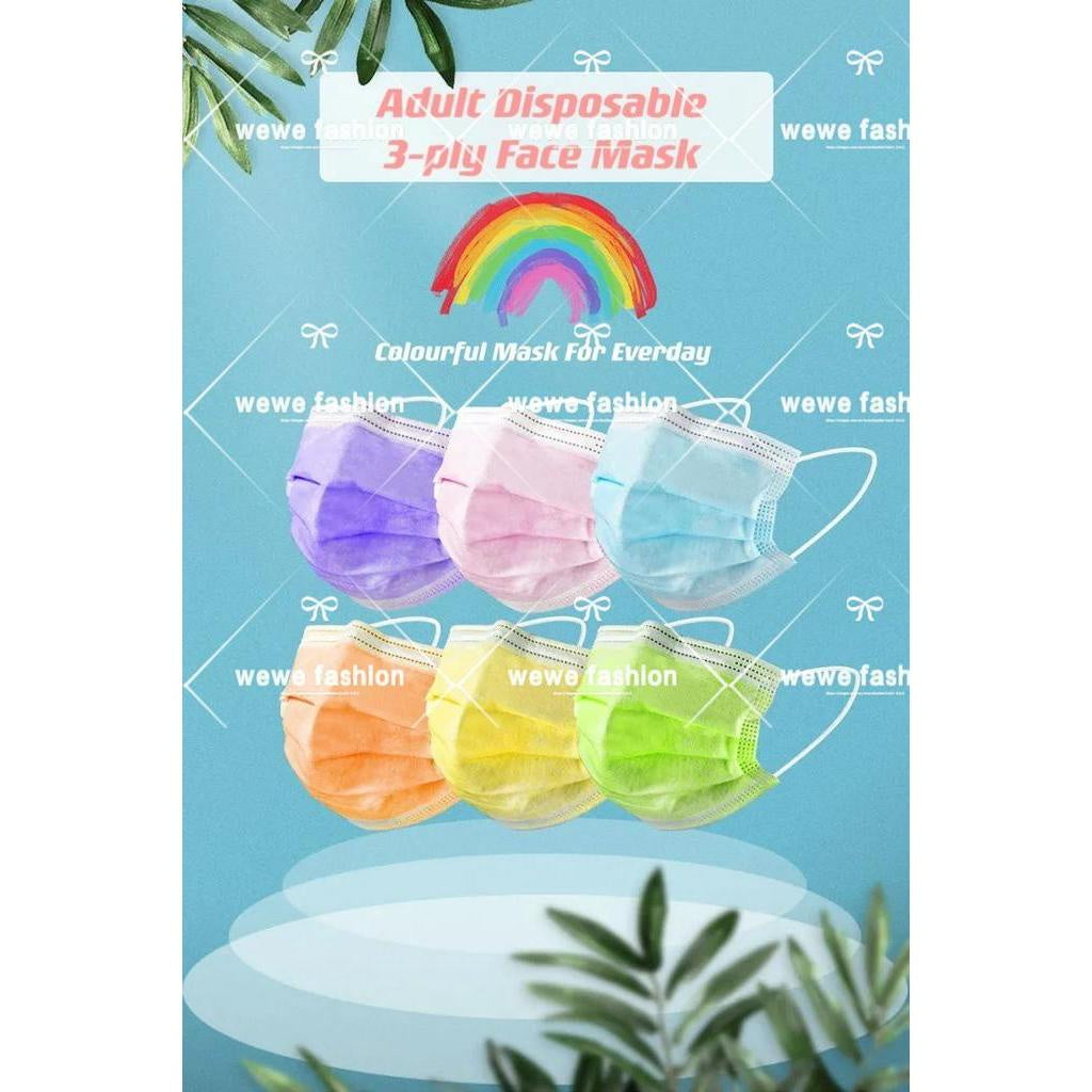 READY STOCK!!!Colourful【50PC】Adult 3-Ply Disposable Face Mask / Topeng Penutup Mulut Pelitup Muka Dewasa / 成人三层口罩