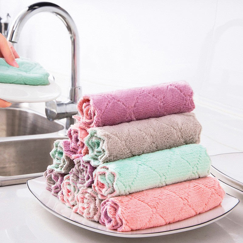 READY STOCK!!!Kitchen cleaning dishwashing dishcloth Double-sided Colour Rag fleece thickened absorbent rag dishtowl吸水抹布