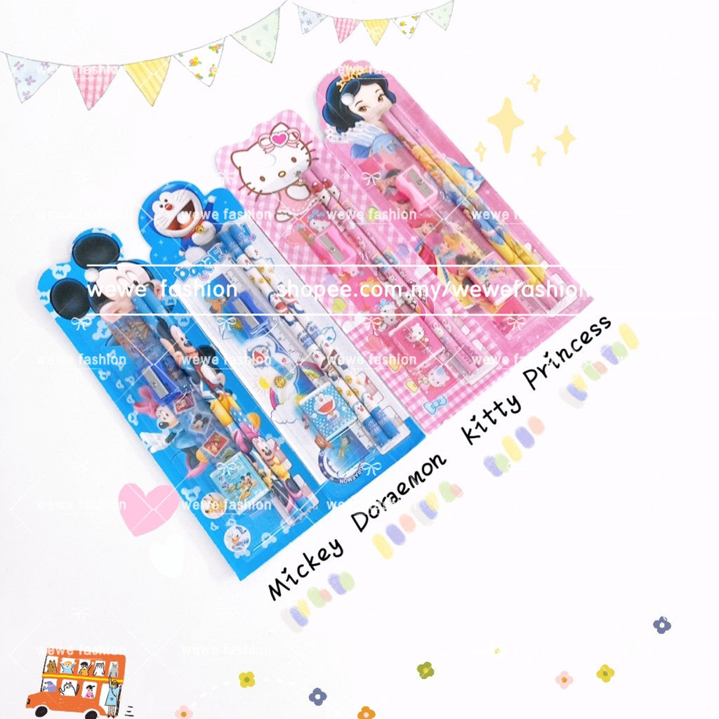 READY STOCK!!!5 In 1 Stationery Set Gift Set Pencil Ruler Eraser Children Birthday Present Alat Tulis 文具套