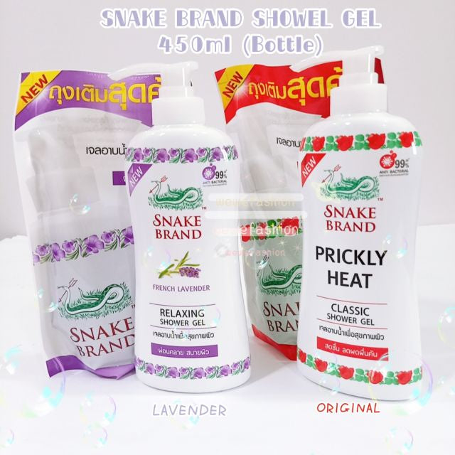 READY STOCK!!!! Snake Brand healty shower soap Prickly Lavender 180ml/400ml/450ml 蛇粉洗身露 Original Thailand