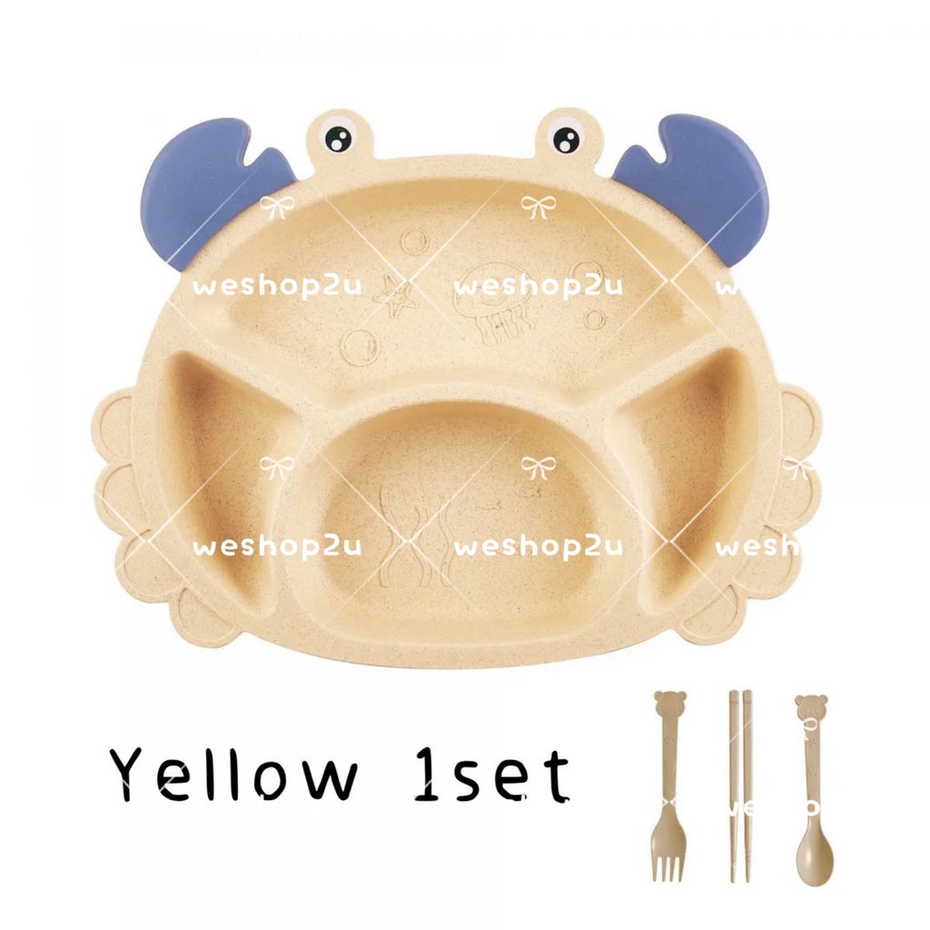 READY STOCK!!!Household Wheat Fiber Baby Cutlery Set Crab Child Cute Cartoon Divided Grid Drop Resistant Plate Fork