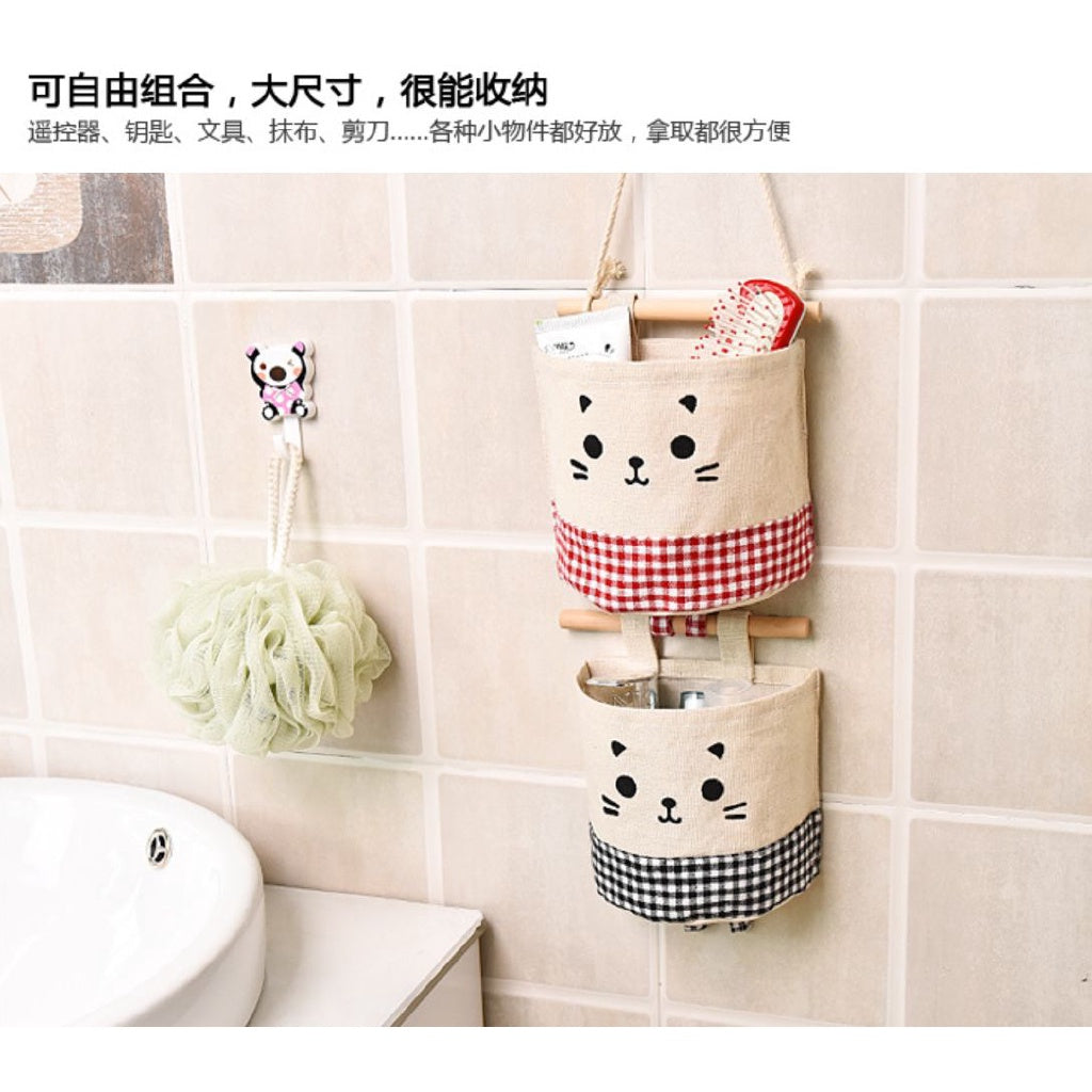 READY STOCK!!!Cute Cat waterproof Storage Hanging bag kitchen bathroom (15x13.5cm) 可挂式收纳袋 麻棉可爱猫咪收纳挂袋 多功能收纳挂袋