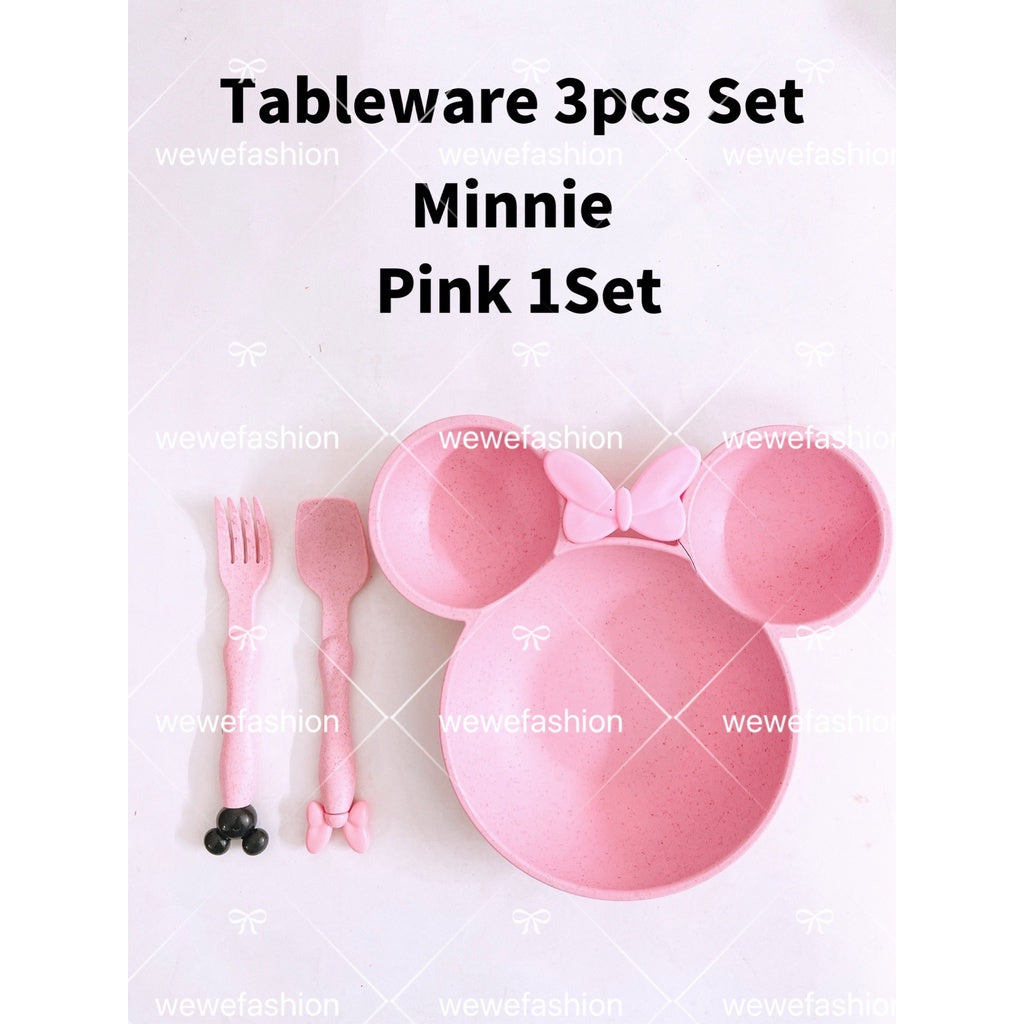 READY STOCK!!!3pcs Set Tableware Mickey/Minnie Kid Children Dish Plate Set Mickey Feeding Spoon Fork Plate Training Bowl