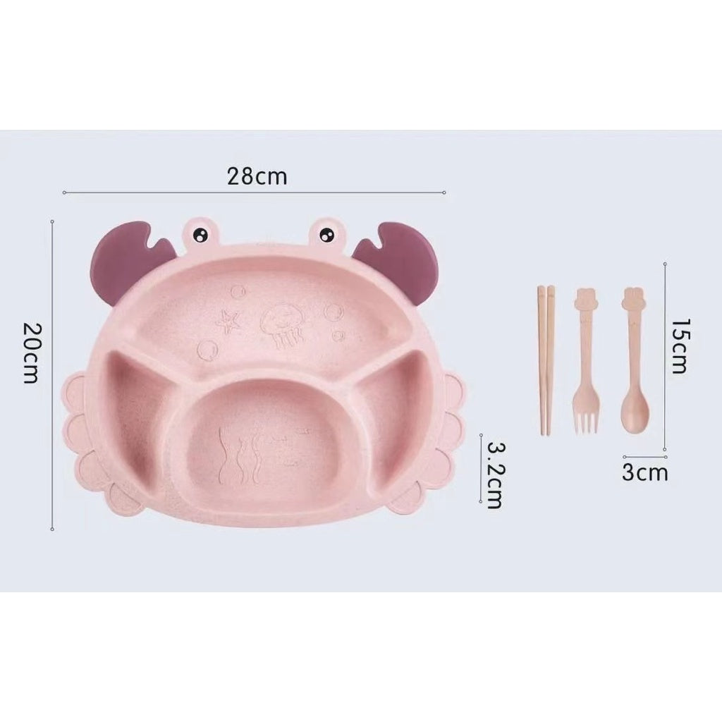 READY STOCK!!!Household Wheat Fiber Baby Cutlery Set Crab Child Cute Cartoon Divided Grid Drop Resistant Plate Fork