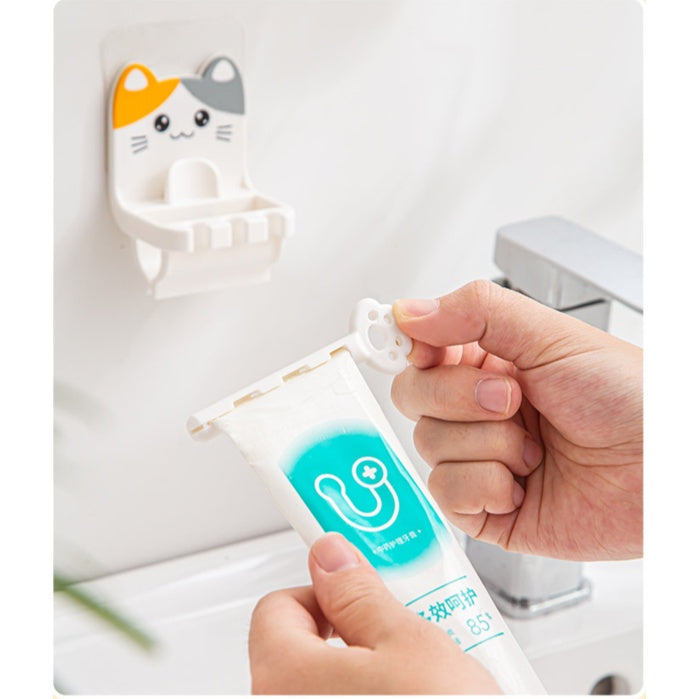 READY STOCK!!!2 in 1 Toothbrush Holder Toothpaste Rack Cute Cat Kucing Bathroom Wall-mounted Dispenser Rack Ubat Gigi