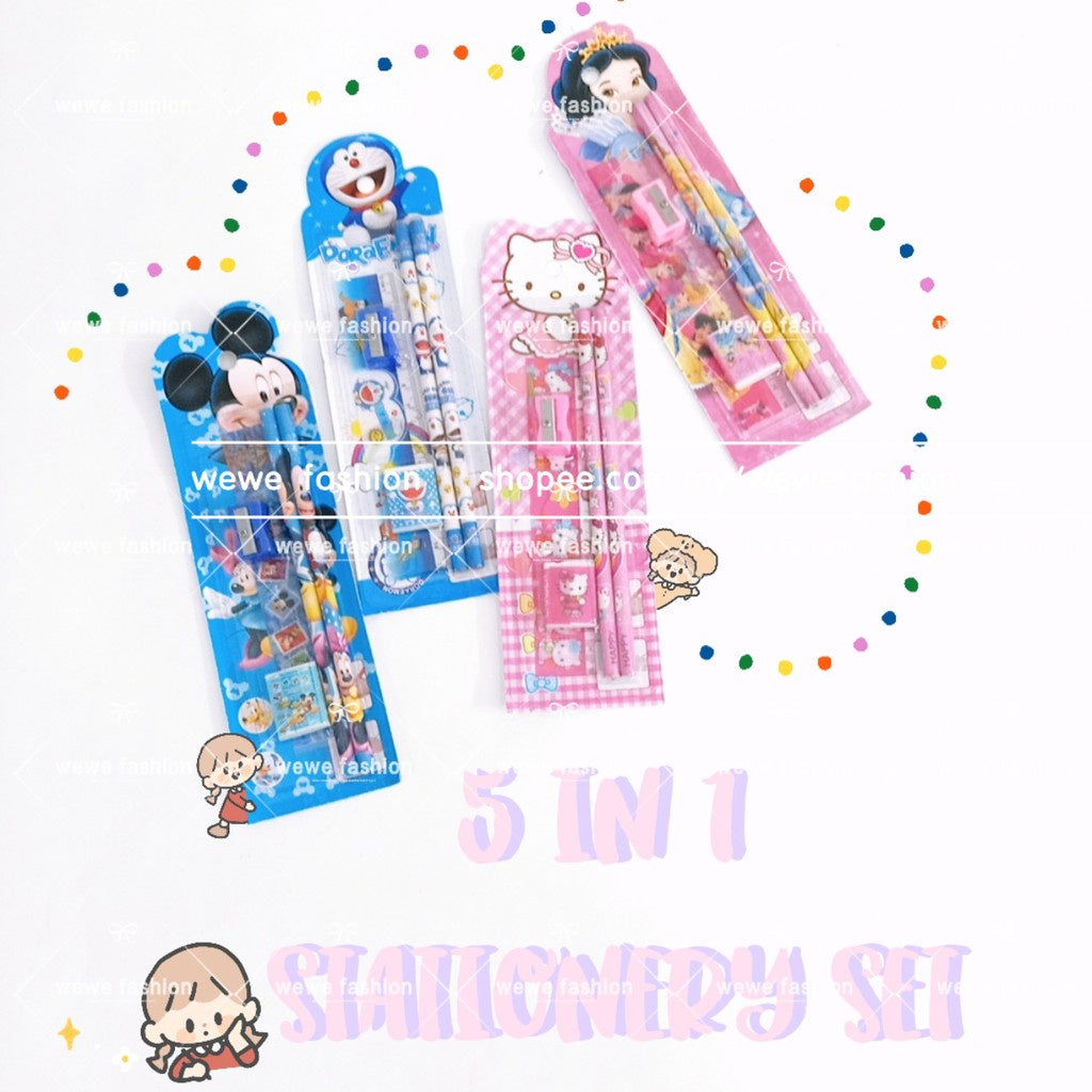 READY STOCK!!!5 In 1 Stationery Set Gift Set Pencil Ruler Eraser Children Birthday Present Alat Tulis 文具套
