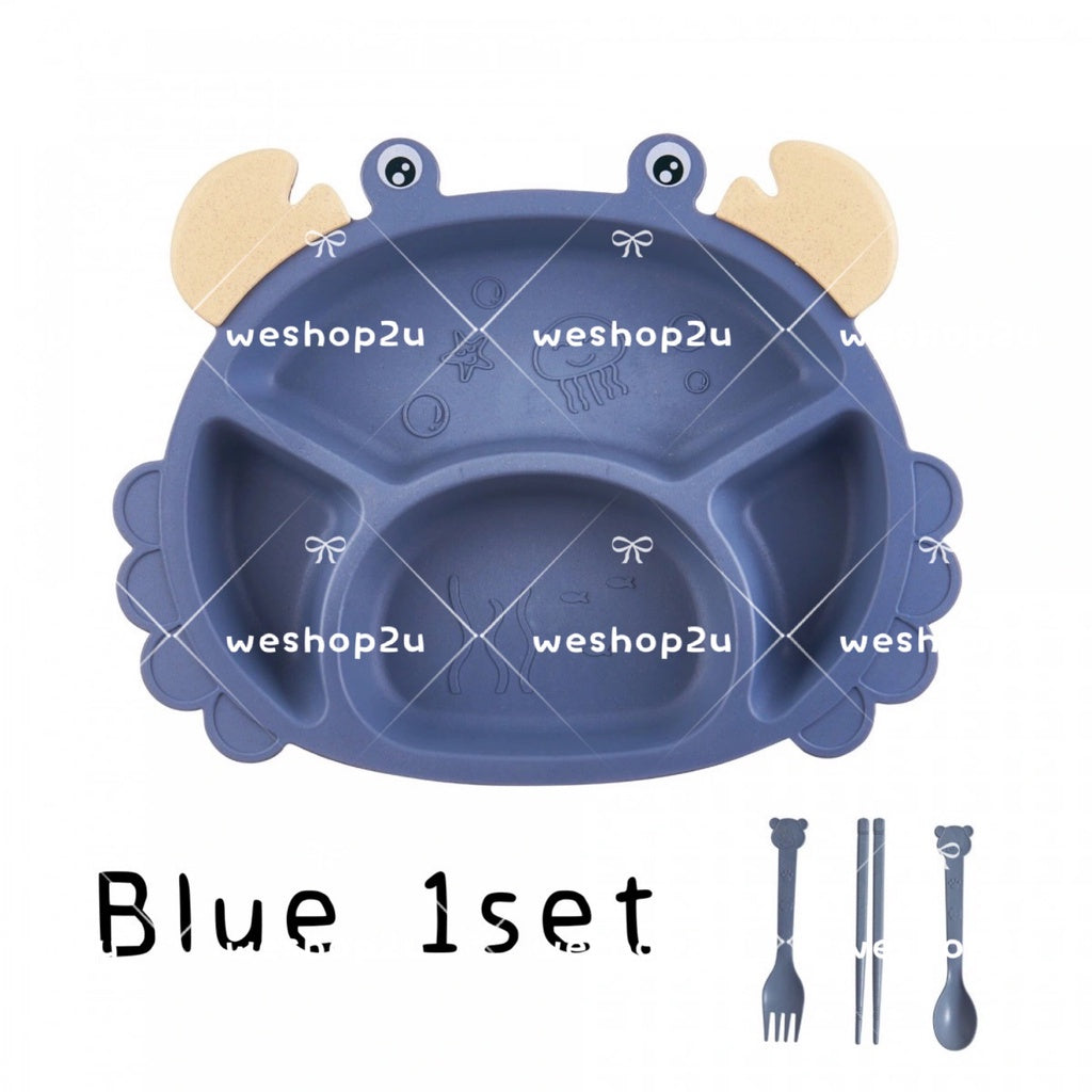 READY STOCK!!!Household Wheat Fiber Baby Cutlery Set Crab Child Cute Cartoon Divided Grid Drop Resistant Plate Fork