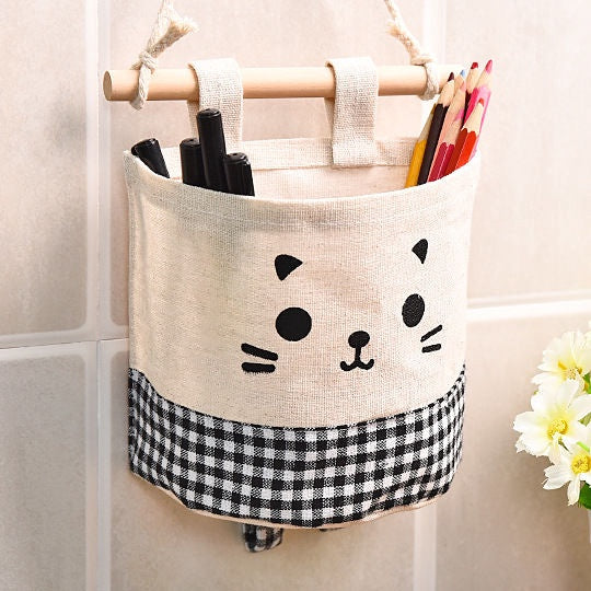 READY STOCK!!!Cute Cat waterproof Storage Hanging bag kitchen bathroom (15x13.5cm) 可挂式收纳袋 麻棉可爱猫咪收纳挂袋 多功能收纳挂袋