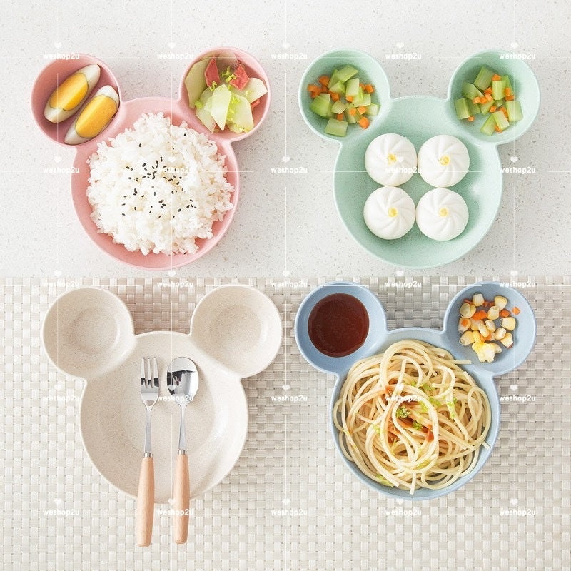 READY STOCK!!!3pcs Set Tableware Mickey/Minnie Kid Children Dish Plate Set Mickey Feeding Spoon Fork Plate Training Bowl