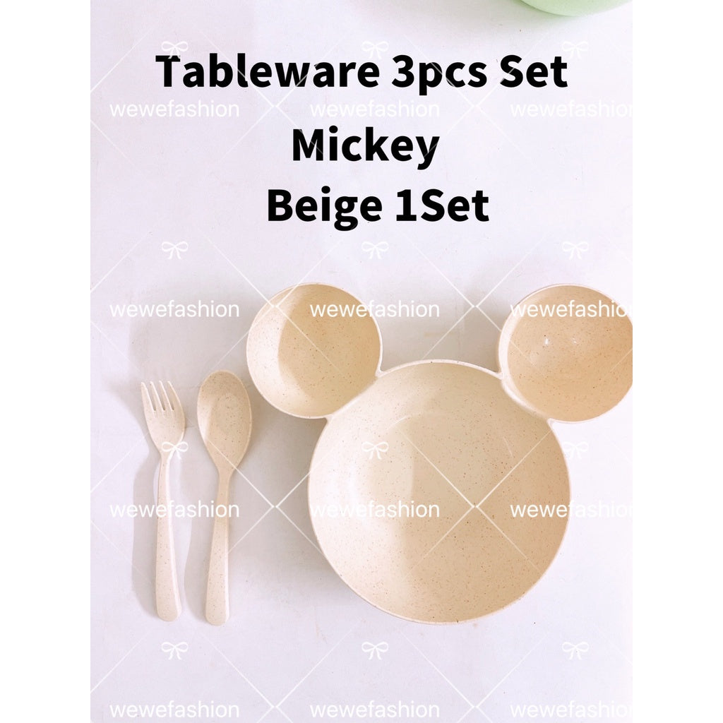 READY STOCK!!!3pcs Set Tableware Mickey/Minnie Kid Children Dish Plate Set Mickey Feeding Spoon Fork Plate Training Bowl