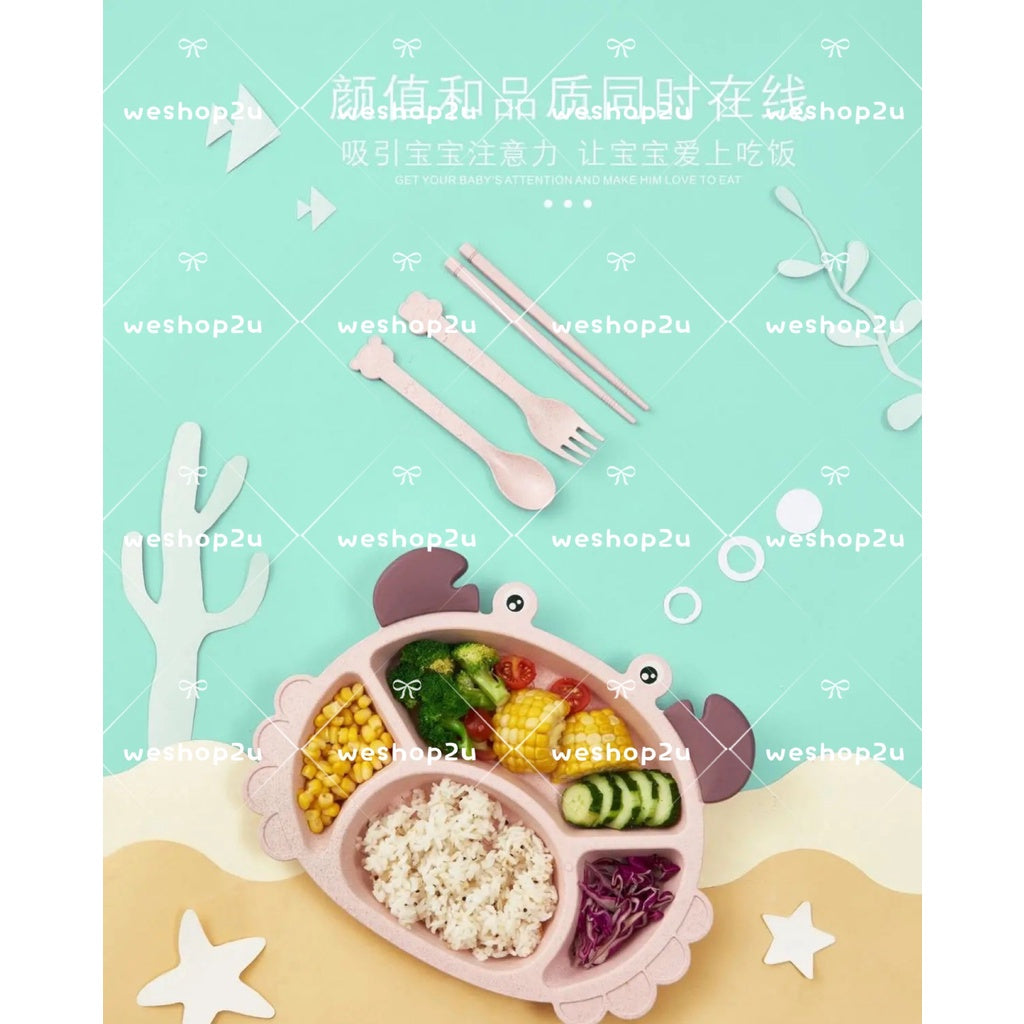 READY STOCK!!!Household Wheat Fiber Baby Cutlery Set Crab Child Cute Cartoon Divided Grid Drop Resistant Plate Fork