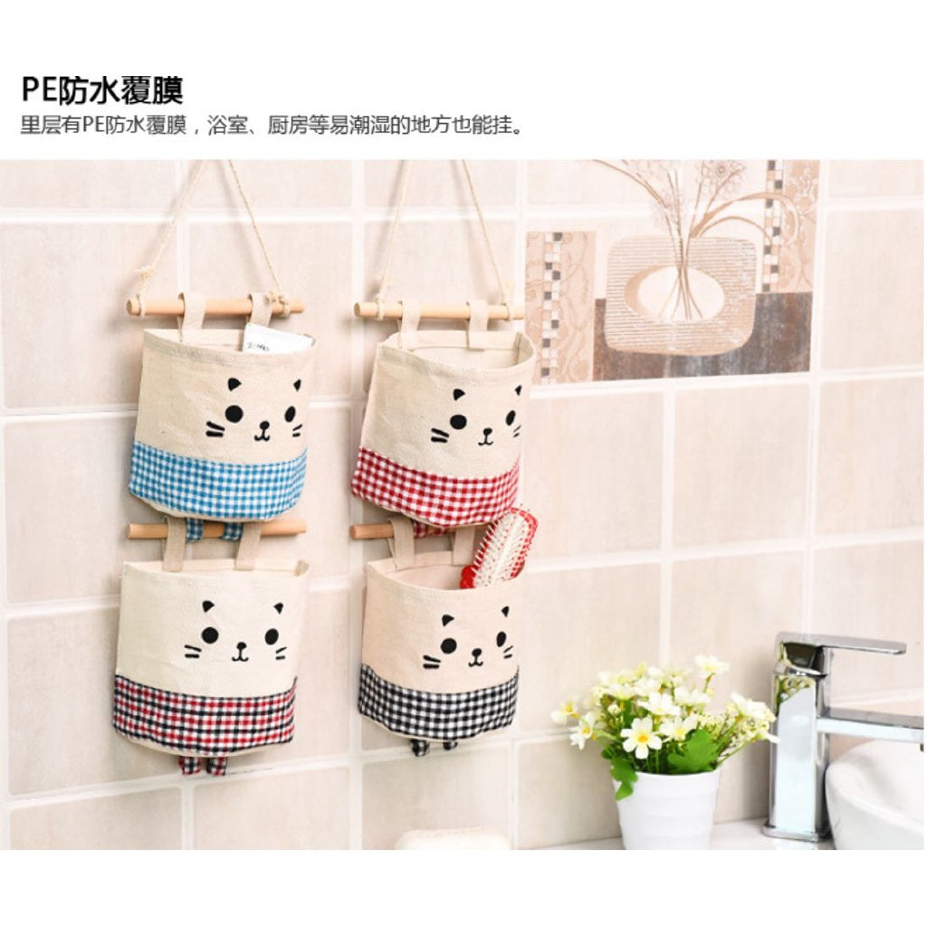 READY STOCK!!!Cute Cat waterproof Storage Hanging bag kitchen bathroom (15x13.5cm) 可挂式收纳袋 麻棉可爱猫咪收纳挂袋 多功能收纳挂袋