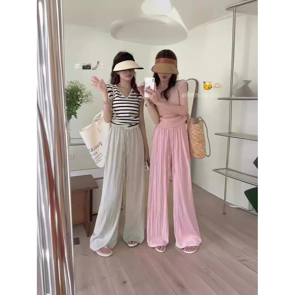(READYSTOCK) New High Waist Wide Leg Pants Women's Summer Casual Elastic Waist Ice Silk Trousers A16546 女士夏季休闲冰丝长裤