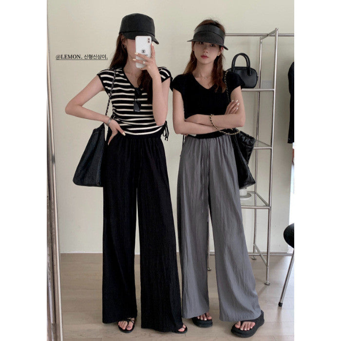 (READYSTOCK) New High Waist Wide Leg Pants Women's Summer Casual Elastic Waist Ice Silk Trousers A16546 女士夏季休闲冰丝长裤