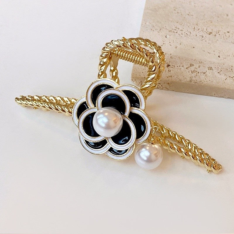 Retro Pearl Camellia Bow Hair Clips Fashion Metal Shark Clips Elegant Ponytail Headwear Hair Accessories-CSW1021