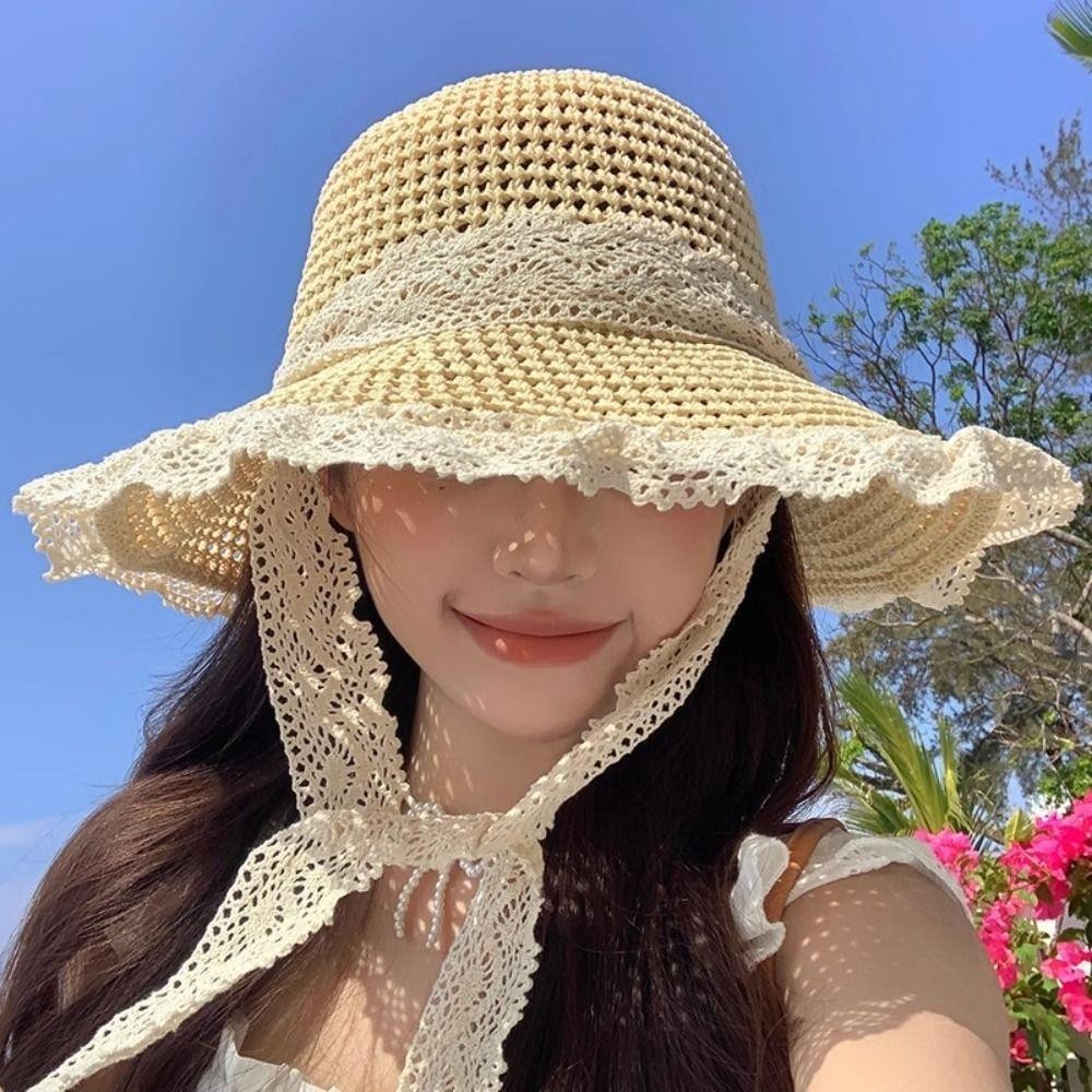 【READY STOCK】Straw Sun Hat | Pastoral Beach Wide Brim Hat UV Protection Cap | Topi Jerami Wanita Pantai |防晒出游草帽