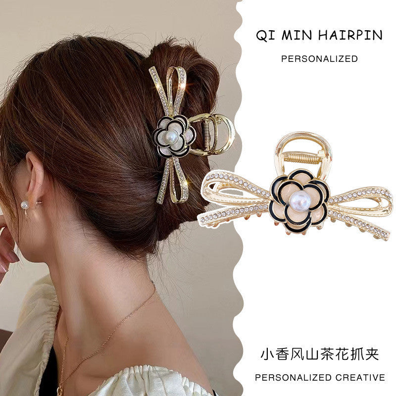 Retro Pearl Camellia Bow Hair Clips Fashion Metal Shark Clips Elegant Ponytail Headwear Hair Accessories-CSW1021
