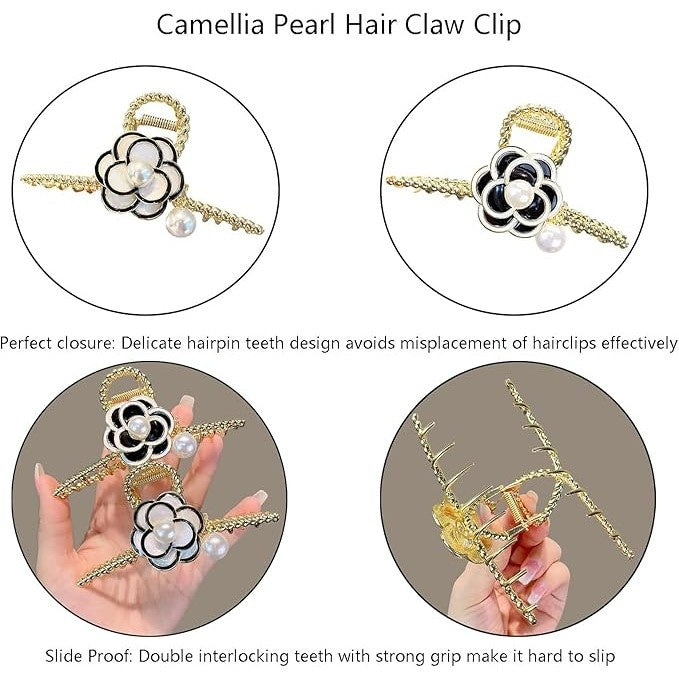 Retro Pearl Camellia Bow Hair Clips Fashion Metal Shark Clips Elegant Ponytail Headwear Hair Accessories-CSW1021