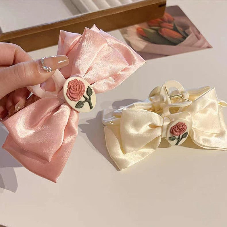 Pink Flower Hair Clip Bowknot Hairpin Ponytail Holder Cute Hairpin Hair Accessories-CSW58