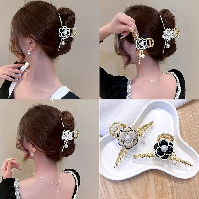 Retro Pearl Camellia Bow Hair Clips Fashion Metal Shark Clips Elegant Ponytail Headwear Hair Accessories-CSW1021