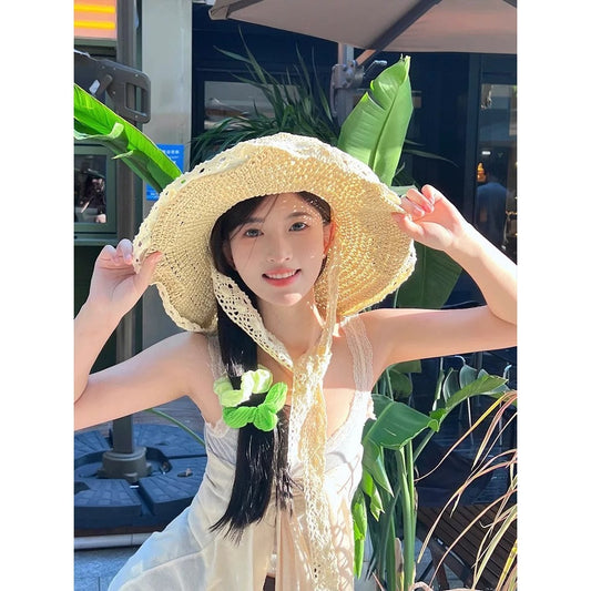 【READY STOCK】Straw Sun Hat | Pastoral Beach Wide Brim Hat UV Protection Cap | Topi Jerami Wanita Pantai |防晒出游草帽