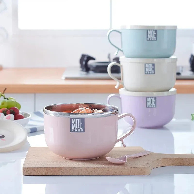 READY STOCK!!! Stainless Steel Instant Noodles Bowl | Double-Layer Anti-Scalding Bowl with Cute Bunny Lid Spoon 不锈钢泡面碗