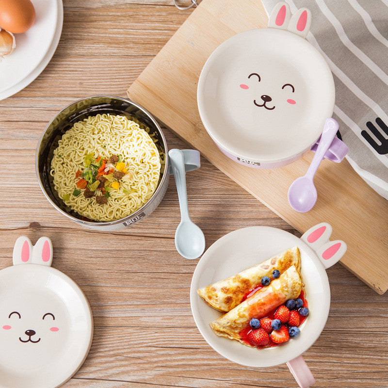 READY STOCK!!! Stainless Steel Instant Noodles Bowl | Double-Layer Anti-Scalding Bowl with Cute Bunny Lid Spoon 不锈钢泡面碗