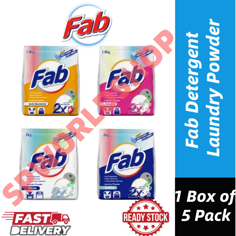 READY STOCK!!! FAB Detergent Laundry Powder (1.9kg/2kg) 1 Box Of 5 Pack