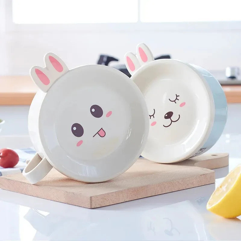 READY STOCK!!! Stainless Steel Instant Noodles Bowl | Double-Layer Anti-Scalding Bowl with Cute Bunny Lid Spoon 不锈钢泡面碗