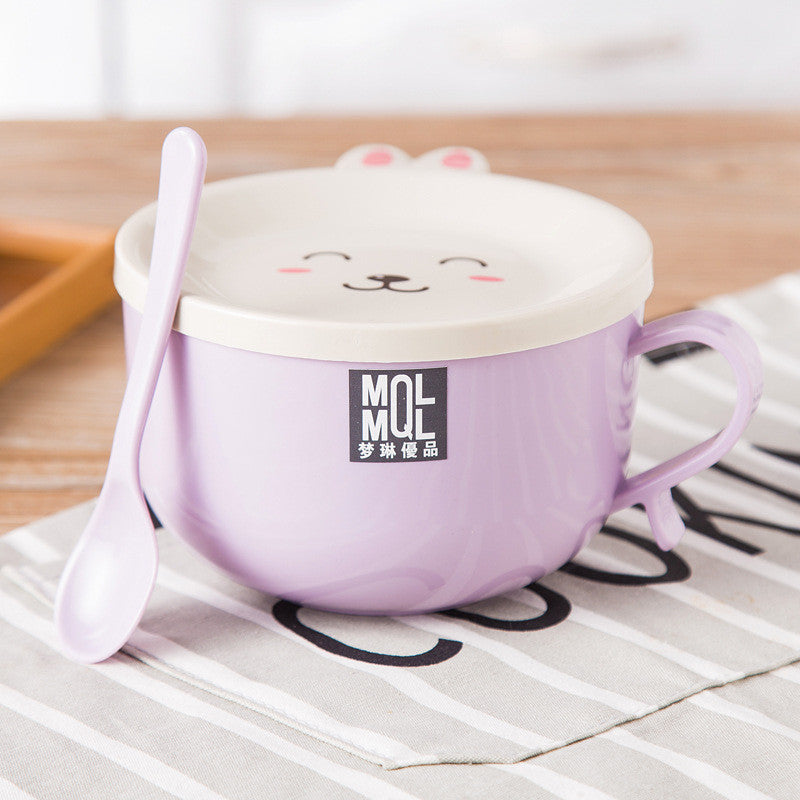 READY STOCK!!! Stainless Steel Instant Noodles Bowl | Double-Layer Anti-Scalding Bowl with Cute Bunny Lid Spoon 不锈钢泡面碗
