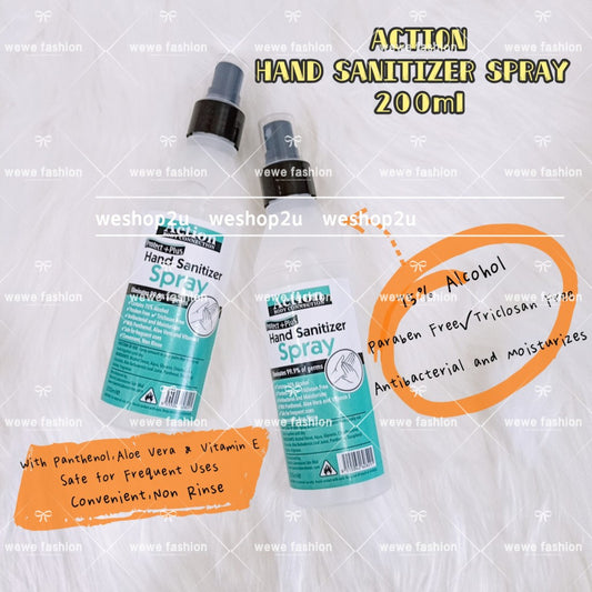 Ready stock!!  Action hand sanitizer water spray 200ml Kill 99.9% virus 喷雾消毒液