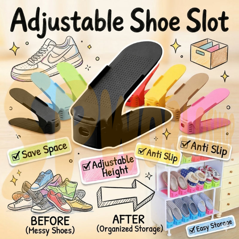 ADJUSTABLE SLOTS | 可调节分层鞋架：一站式鞋柜收纳方案 (1pcs) Non-Slip Space Saving Shoe Holder | Versatile Closet Organizer