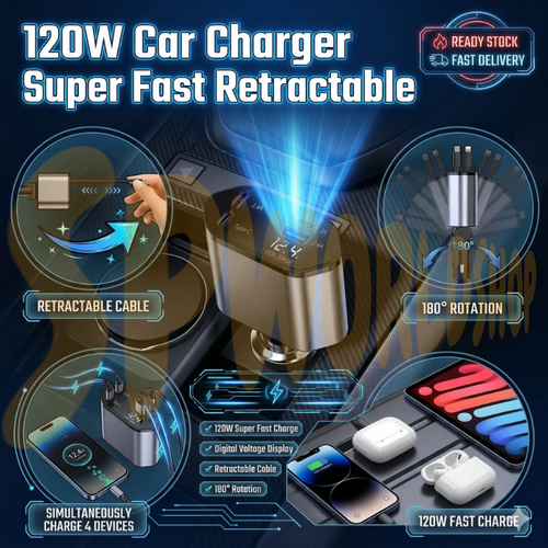 120W MAX PRO | 伸缩式超级快充：Type-C 双口输出 | 适配华为/iPhone/安卓 120W Super Fast Retractable Car Charger | Dual Port Intelligent Power