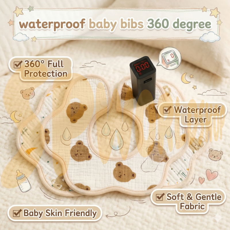 PURE COMFORT | 360° 旋转云感：绉布针织防水护颈围嘴 Baby Crepe & Knitted Bib · 360° Seamless Protection