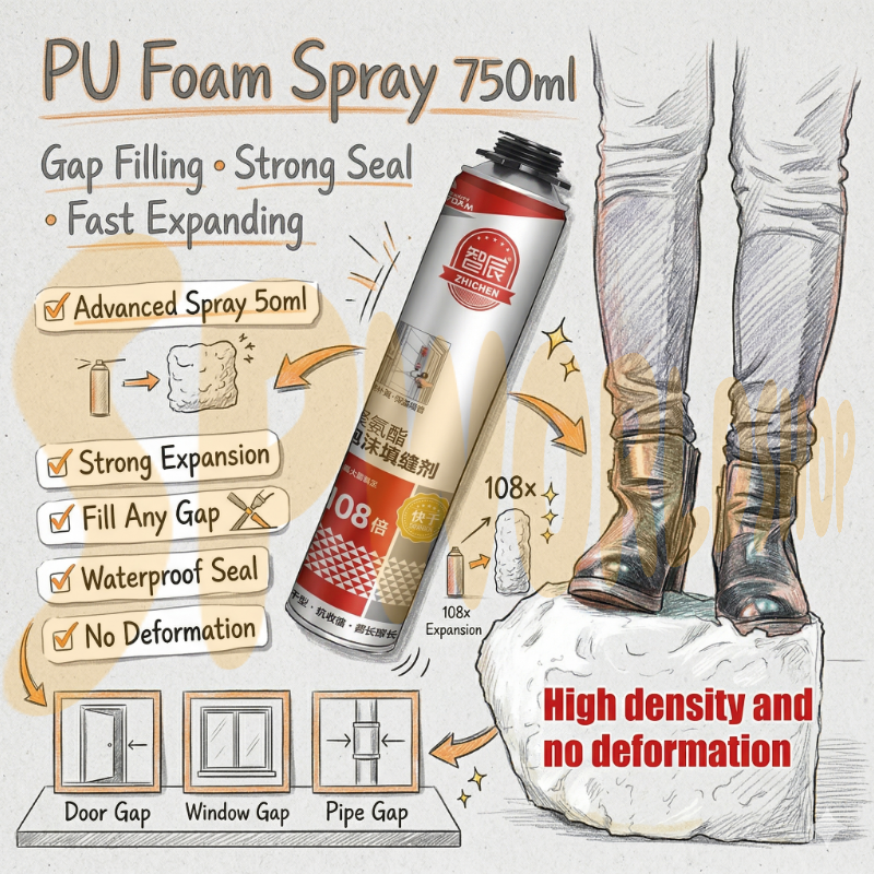 PU Foam Spray (750ml) | Polyurethane Gap Filler | Waterproof Insulation & Soundproof Sealant | 聚氨酯泡沫填缝剂 发泡胶 补墙 隔音 补漏
