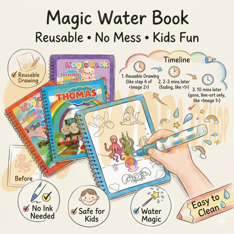 Magic Water Coloring Book (HB1002) | Non-Toxic Drawing Pad for Toddlers | Reusable Painting Book with Pen | Buku Mewarna Air 无毒魔法水画册 清水涂鸦 重复使用