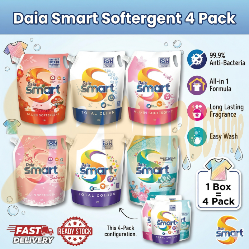 [VALUE PACK] Daia Smart Liquid Detergent 3.2kg | 1 Box of 4 Packs | Long Lasting Fragrance & Softness | Sabun Basuh Baju Cecair Daia 浪奇洗衣液 超值家庭装 柔顺持久留香