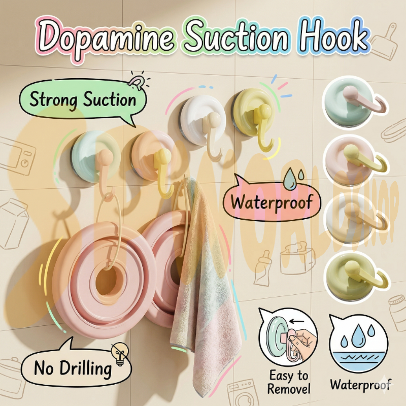 【READY STOCK】Dopamine Suction Hook | Colorful Strong Adhesive Hook | No-Drill Removable Bathroom & Kitchen Hook 多巴胺吸盘挂钩