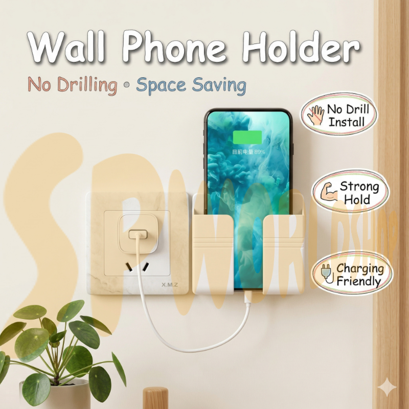 【READY STOCK】Wall-Mounted Phone Holder | No-Drill Adhesive Removable Phone Stand | Bedside, Kitchen, Bathroom Use 墙壁手机支架